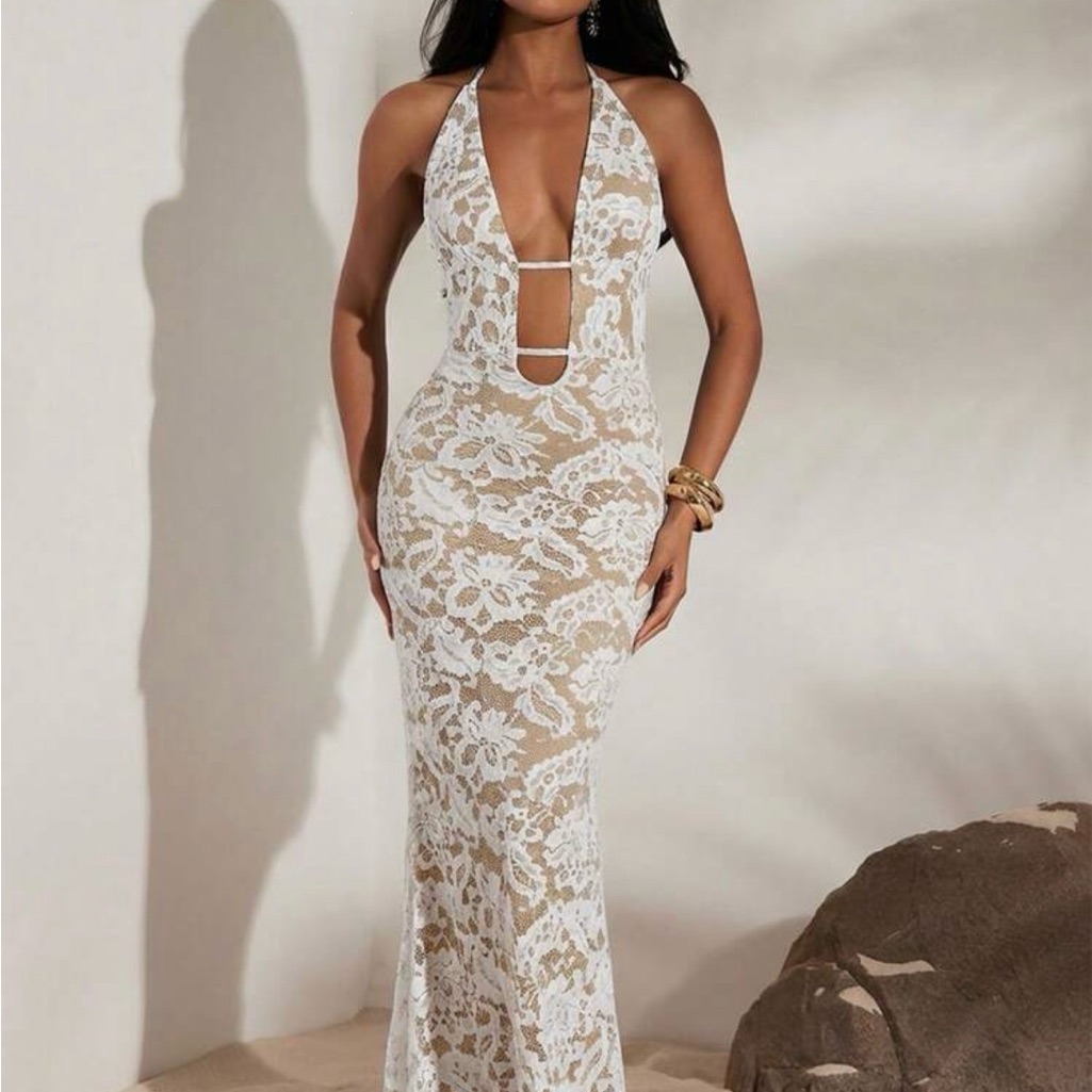 Shein White Lace Halter Plunge Maxi Dress W/ Nude Underlay - Large - Never Worn